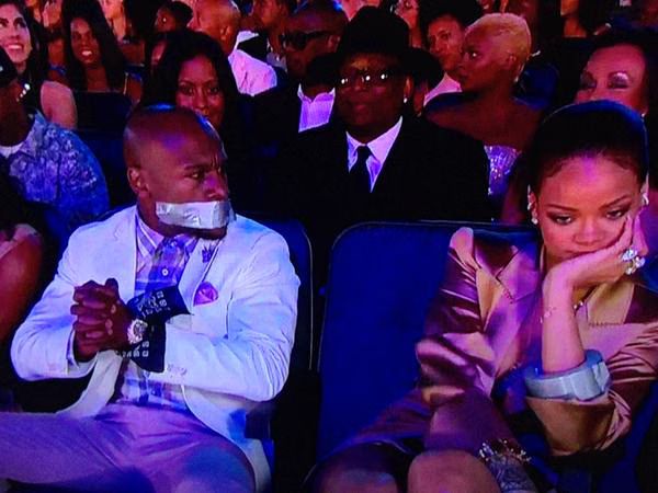 Rihanna duct tapes Floyd Mayweather at the BET Awards video