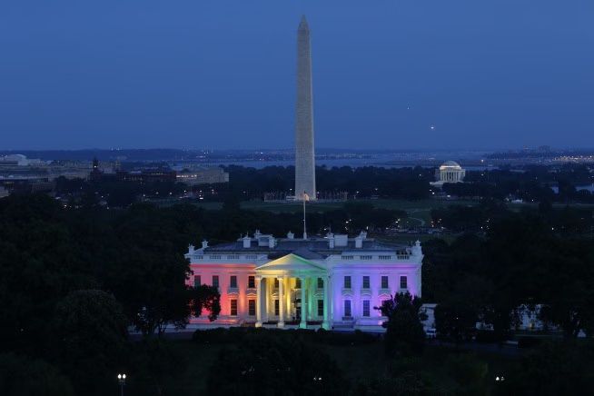 The White House is lit with the colors of the rainbow in celebration of the Supreme Court ruling on same-sex marriage, June 26, 2015. (Official White House Photo by Chuck Kennedy)