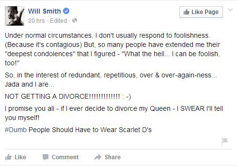 Will Smith shoots down divorce rumors