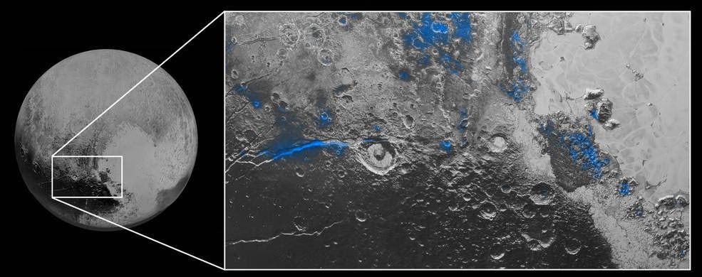 Pluto’s Blue Sky: Pluto’s haze layer shows its blue color in this picture taken by the New Horizons Ralph/Multispectral Visible Imaging Camera (MVIC). The high-altitude haze is thought to be similar in nature to that seen at Saturn’s moon Titan. The source of both hazes likely involves sunlight-initiated chemical reactions of nitrogen and methane, leading to relatively small, soot-like particles (called tholins) that grow as they settle toward the surface. This image was generated by software that combines information from blue, red and near-infrared images to replicate the color a human eye would perceive as closely as possible. Credits: NASA/JHUAPL/SwRI