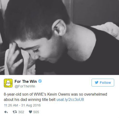 Kevin Owens son celebrates WWE title win
